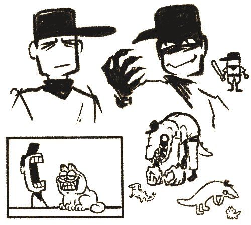 a drawing of two men with hats and gloves