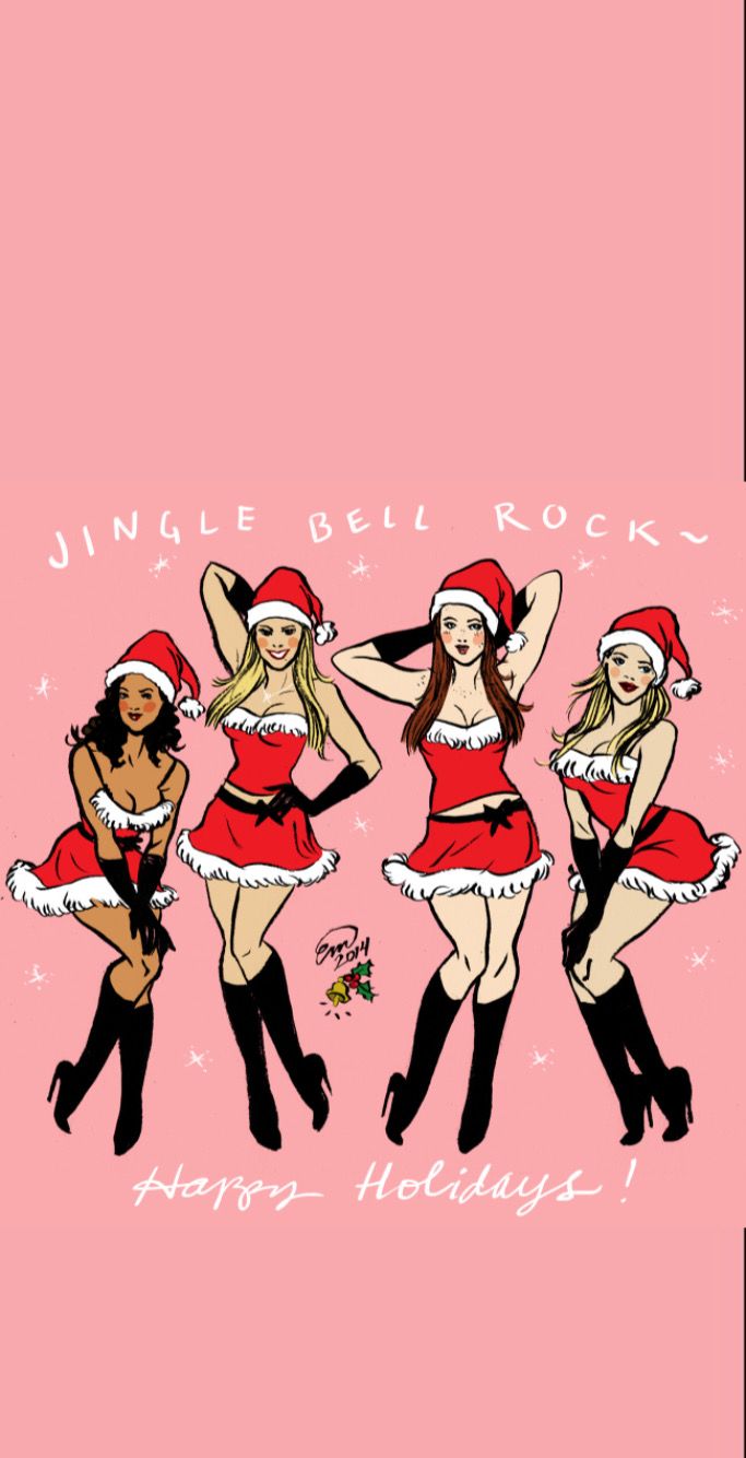 three women dressed up in christmas costumes and santa hats, with the words jungle bell rock on