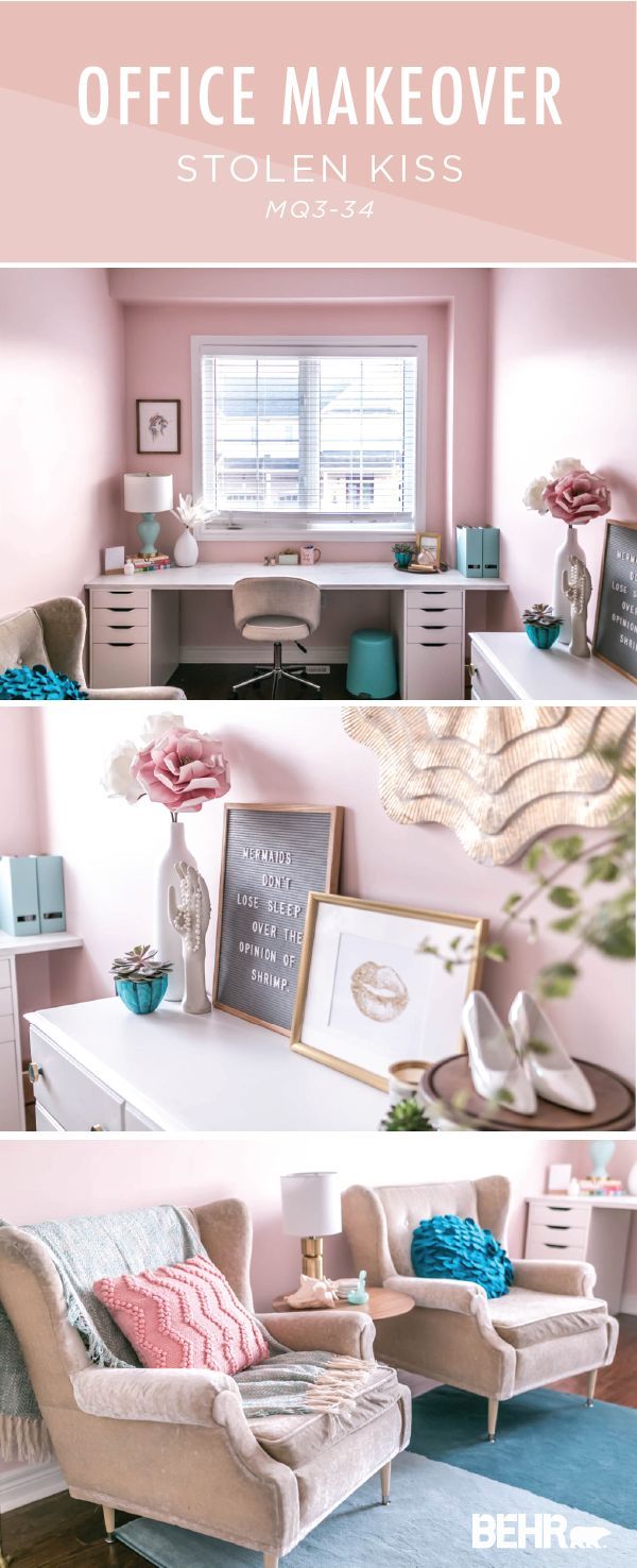 an office makeover with pink walls and white furniture