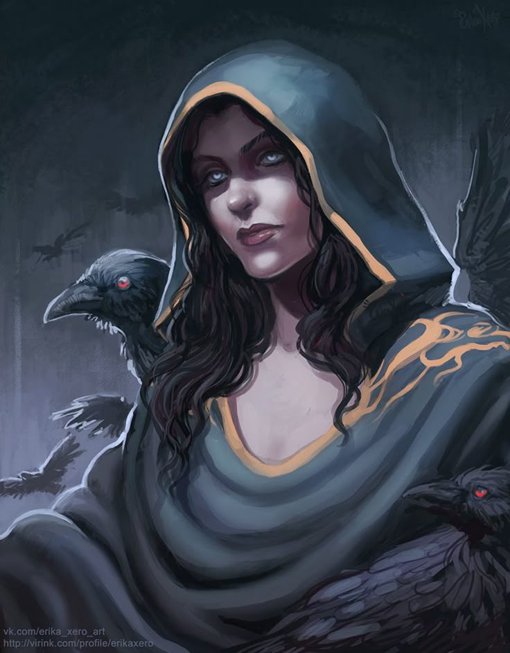 a painting of a woman with a hood and two crows on her shoulder, in front of a dark background