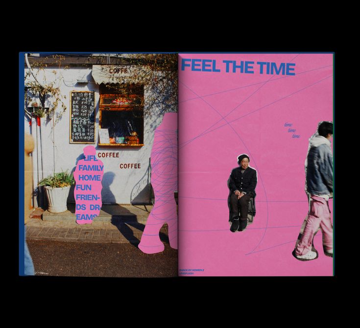 two pages from the book feel the time with an image of a man sitting on a bench in front of a coffee shop