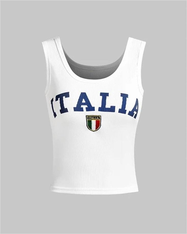 Details: Cami top with front Italia letter printTop Length: CroppedSleeve Length: SleevelessMaterials:95% Cotton + 5% Spandex Italia Top, Maxi Dresses Casual, Crop Top Blouse, Knitwear Cardigan, White Tank Top, Cardigan Jacket, Cami Top, Hoodie Top, Print Top