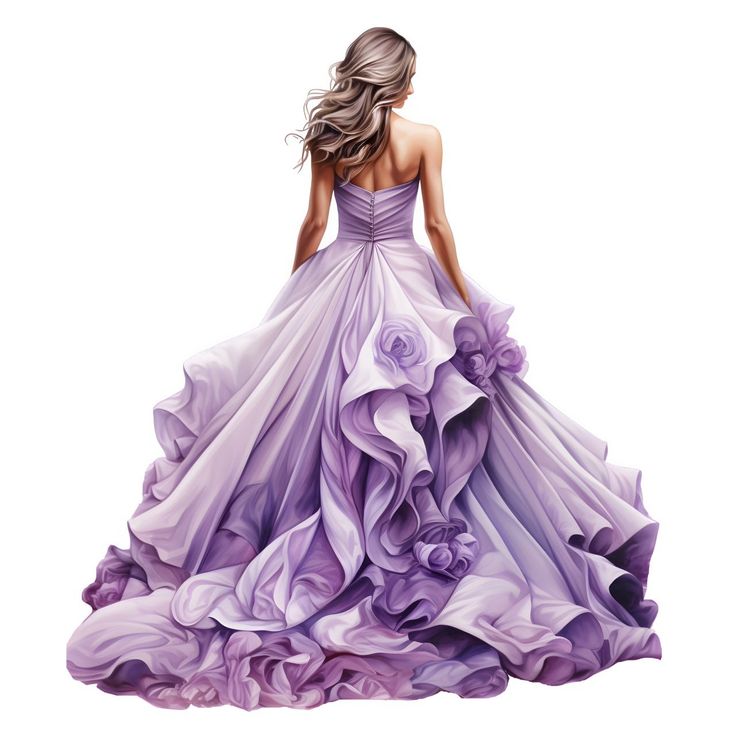 a woman in a purple dress with flowers on the skirt is looking down at her back