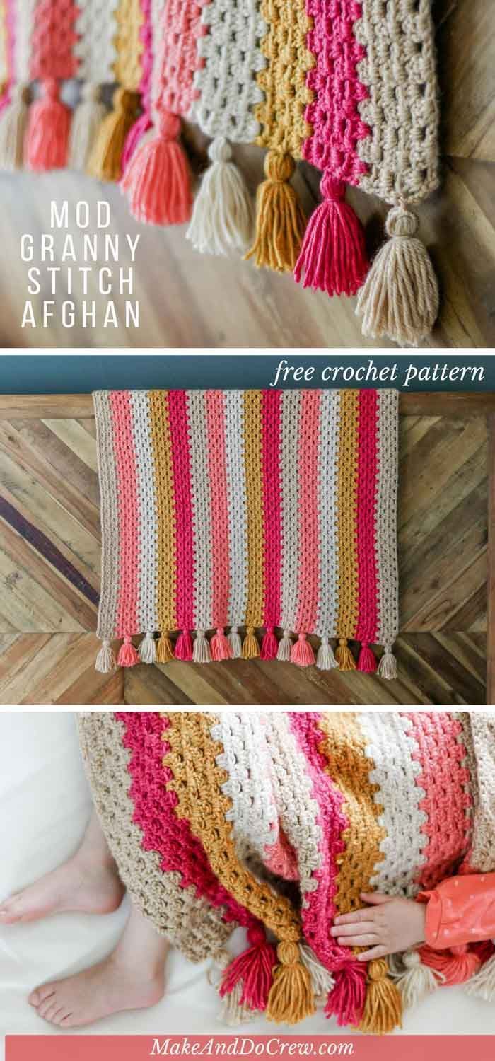 crocheted afghan with tassels is shown in three different colors