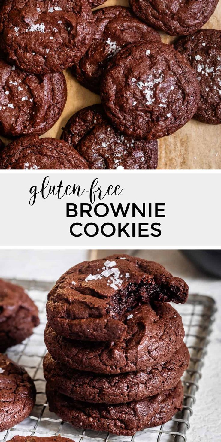 gluten free chocolate brownie cookies on a cooling rack with text overlay