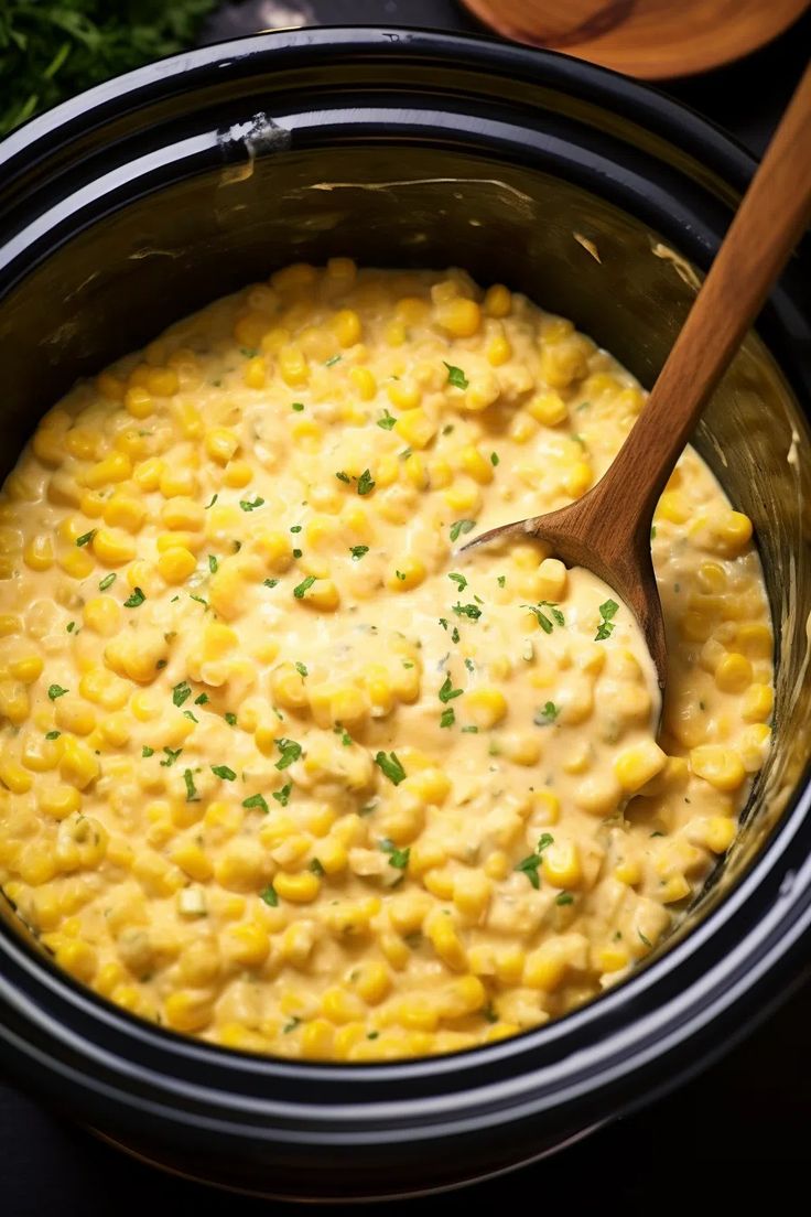 a wooden spoon in a crock pot filled with macaroni and cheese