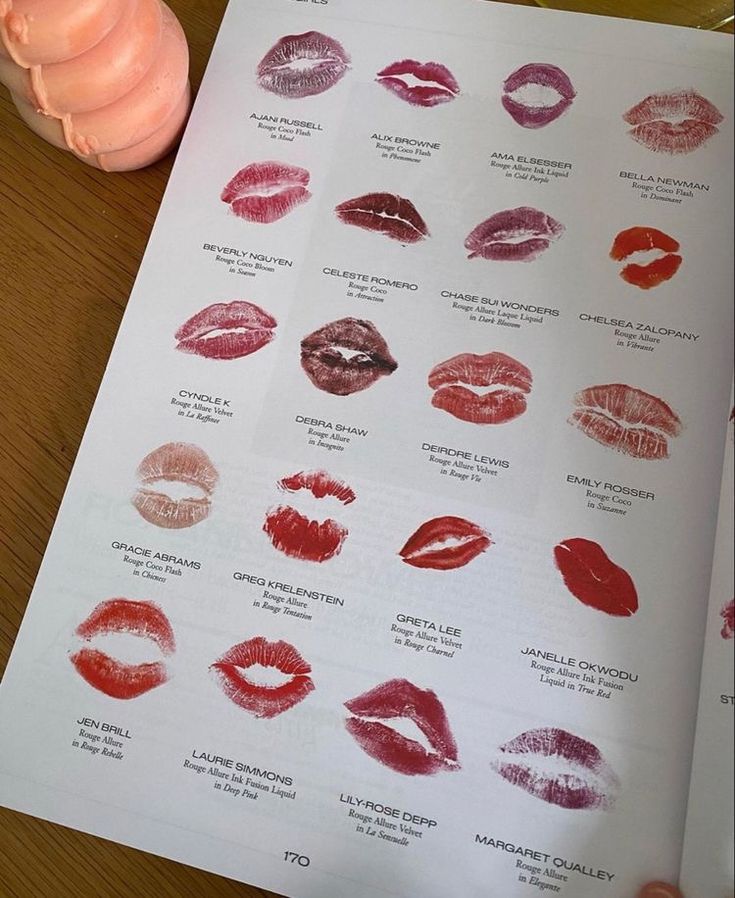 an open book with various types of lipstick on it