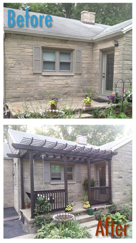 before and after photos of a home's front porch with pergolated roof