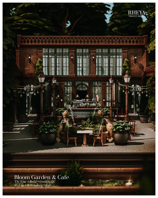 an outdoor garden and cafe with potted plants on the patio, in front of a brick building