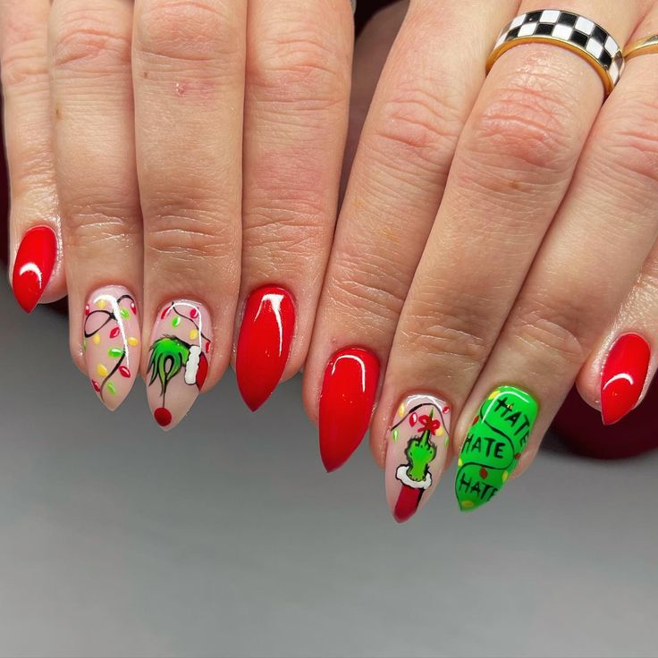 Posted by Zoe Scott: Welcome to the world of Grinch Nail Designs, perfect for adding a whimsical touch to your holiday season style. Covering a range of styles from minima... Grinch Tree Nails, Easy Grinch Nails Designs, Grinch Nails Almond, Grinch Fingernails, Grinch Almond Nails, Grinch Short Nails, Christmas Nail Designs Grinch, Buddy The Elf Nails, Grinch Theme Nails