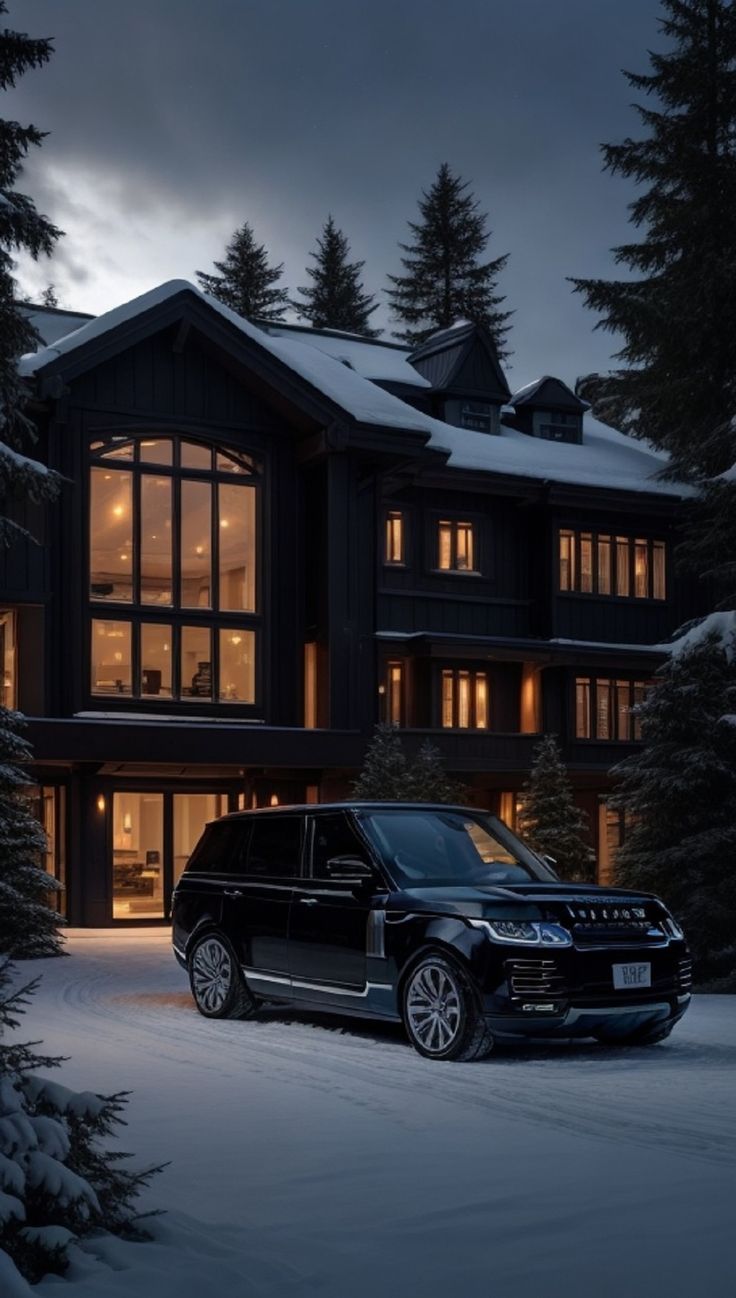 a black suv parked in front of a large house at night with snow on the ground