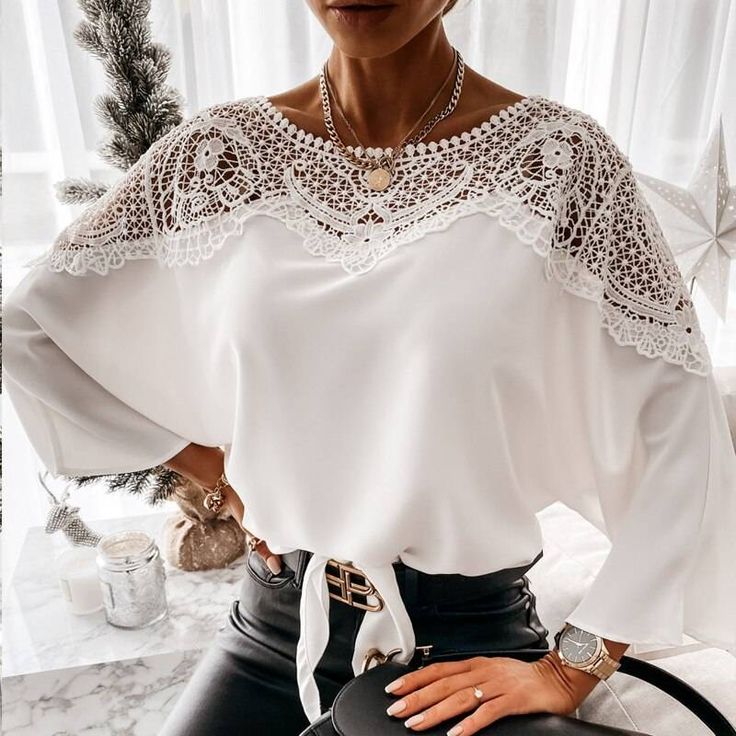 Vintage Crochet Embroidery Lace Stitching White Blouse Shirt White Lace Shirt, Women Lace Blouse, Lace Long Sleeve Shirt, Boho Chique, Batwing Sleeve Blouse, White Shirt Blouse, Crochet Embroidery, Shirts Vintage, Ladies Tops