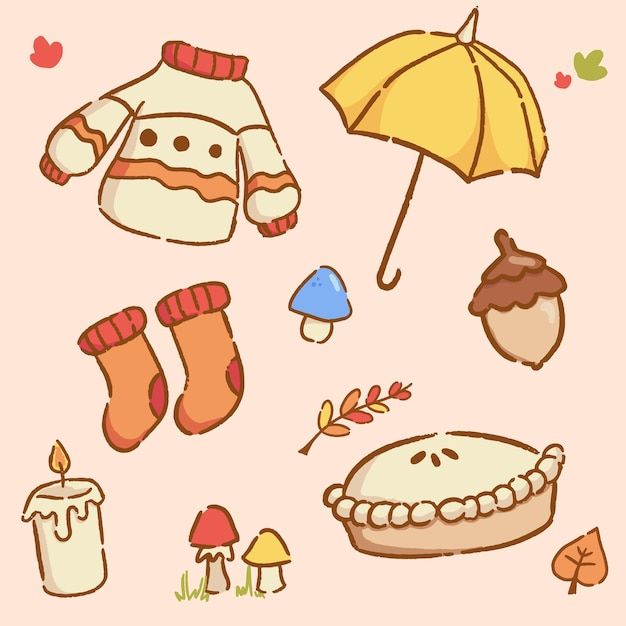 a collection of autumn items including an umbrella, mittens, and cake on a pink background