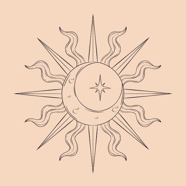 a drawing of the sun with rays coming out of it's center, on a beige background