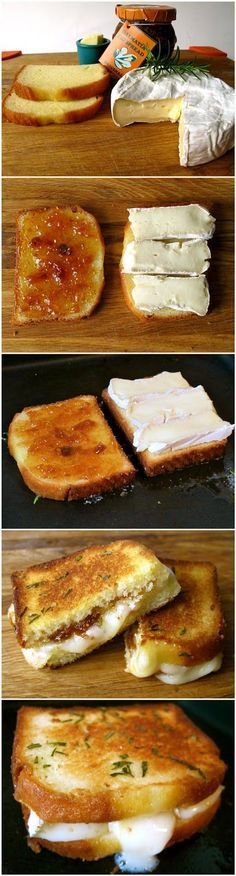 four different views of sandwiches on a wooden table and in the process of making them