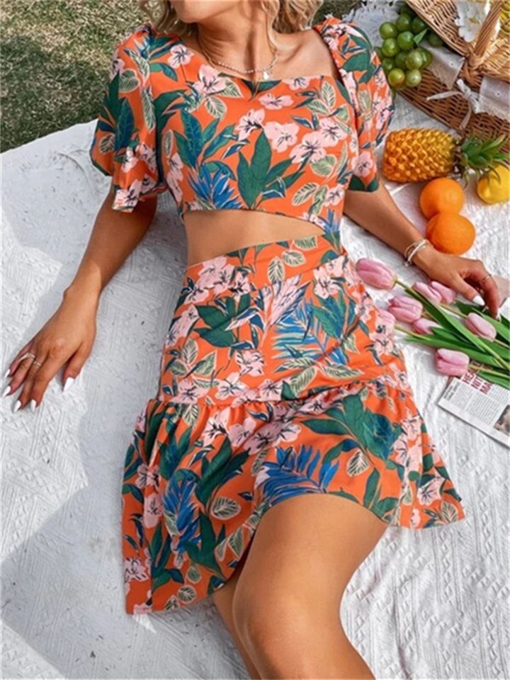 Women's Large Floral Sexy Dress Knee-length Bodycon Mini Dress For Vacation, Spring Tropical Mini Dress With Short Sleeves, Tropical Style Mini Dress, Stretch Flirty Dresses For Beach Season, Flirty Mini Dress For Beach Season, Flirty Bodycon Mini Dress For Vacation, Flirty Stretch Dresses For Beach Season, Beach Season Floral Print Mini Dress For Party, Beach Season Floral Mini Dress For Party