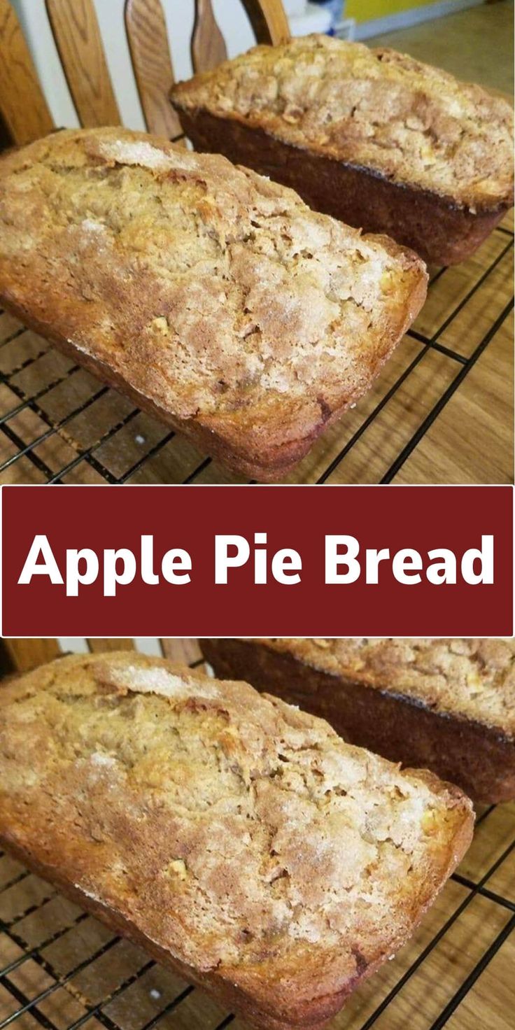 apple pie bread cooling on a rack with text overlay that reads, apple pie bread