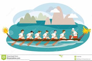 a rowing team is going down the river with their rowers on it's back