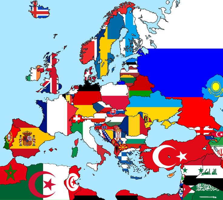 the map of europe with all countries in different colors and their flags on one side