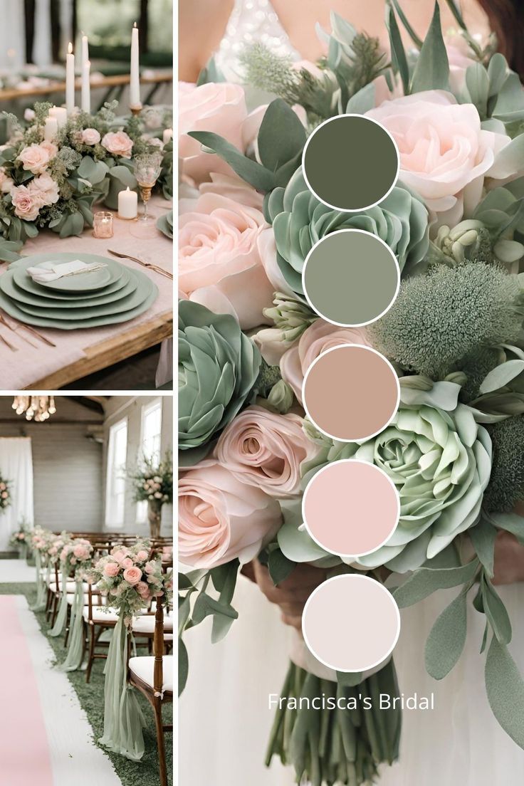 a collage of photos with flowers and greenery on the table in different colors