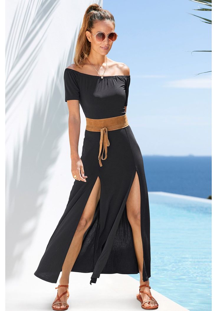 Black Carmen Neckline Maxi Dress X30023 | LASCANA Summer Evening Off Shoulder Maxi Dress, Elegant Off-shoulder Maxi Dress For Beach, Elegant Off-shoulder Maxi Dress With Side Slits, Summer Floor-length Dress With Split Design, Chic Black Off Shoulder Maxi Dress, Summer Evening Dress With Split Design, Summer Evening Dresses With Split Design, Elegant Maxi Dress With Side Slits For Vacation, Elegant Off Shoulder Maxi Dress For Summer