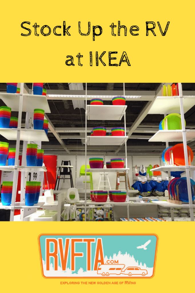 a store with shelves filled with assorted items and the words, stock up the rv at ikea