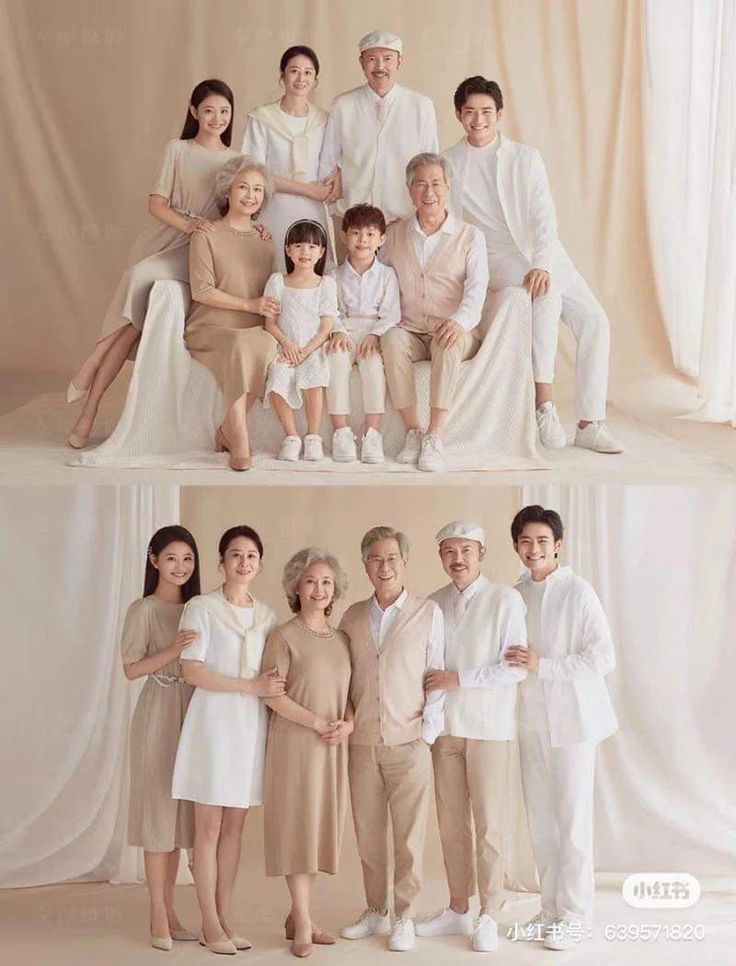 the family is posing for a photo in their white outfits and tan clothes, all dressed up