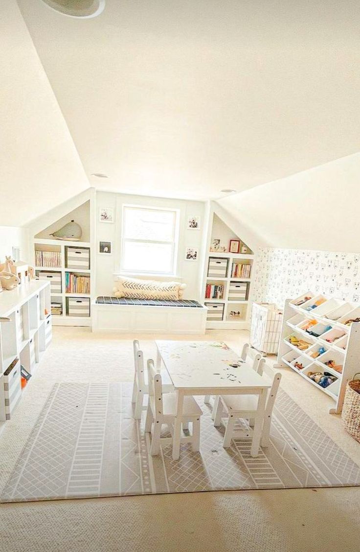 a room with white furniture and lots of shelves