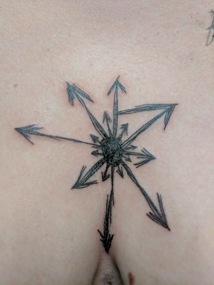 an arrow tattoo on the back of a woman's chest, with arrows pointing in different directions