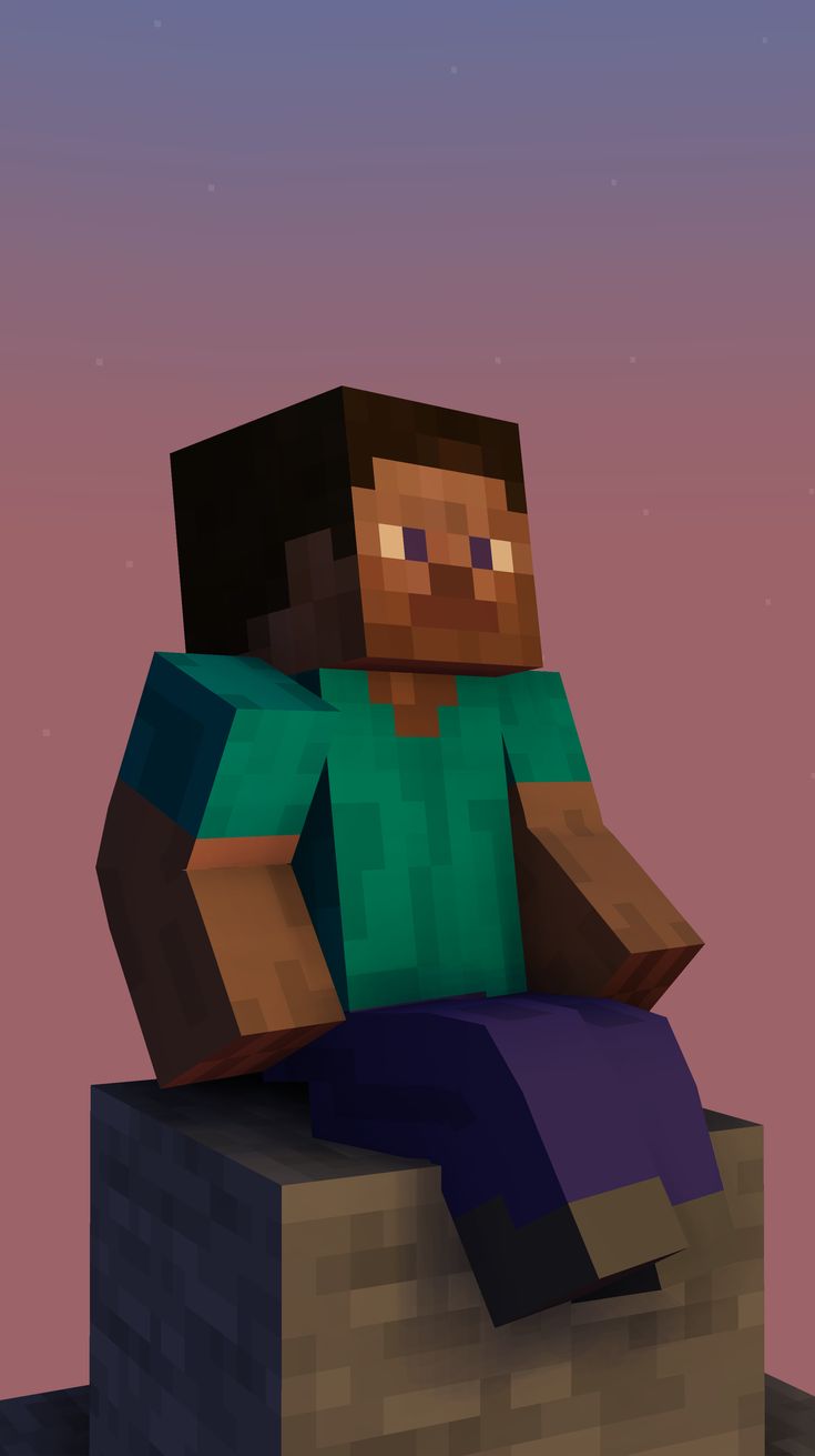 a minecraft character sitting on top of a brick wall in front of a purple sky