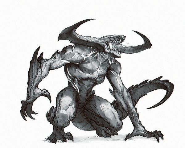 a black and white drawing of a monster with horns on it's back legs