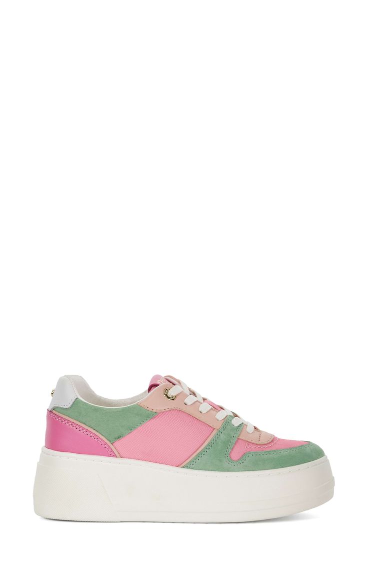 Peachy colorblocking gives a vibrant kick to a platform-boosted sneaker. 2" platform Lace-up style Leather upper/synthetic lining and sole Imported Pink Spring Platform Sneakers With Cushioned Footbed, Pink Cushioned Platform Sneakers For Spring, Pink Synthetic Sporty Wedge Sneakers, Casual Pink Platform Sneakers With Boost Midsole, Pink Sporty Wedge Sneakers For Spring, Sporty Pink Wedge Sneakers For Spring, Pink Leather Chunky Sneakers With Rubber Sole, Pink Synthetic Platform Sneakers With Rubber Sole, Sporty Pink Platform Sneakers With Contrast Sole