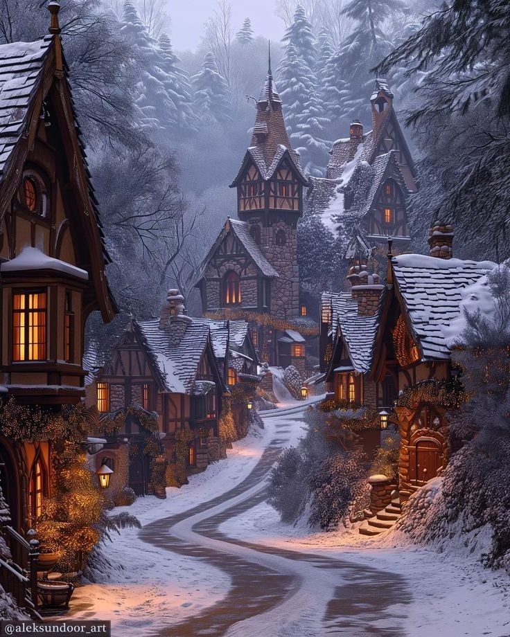 a snowy village with lots of houses and lights on the street in front of them