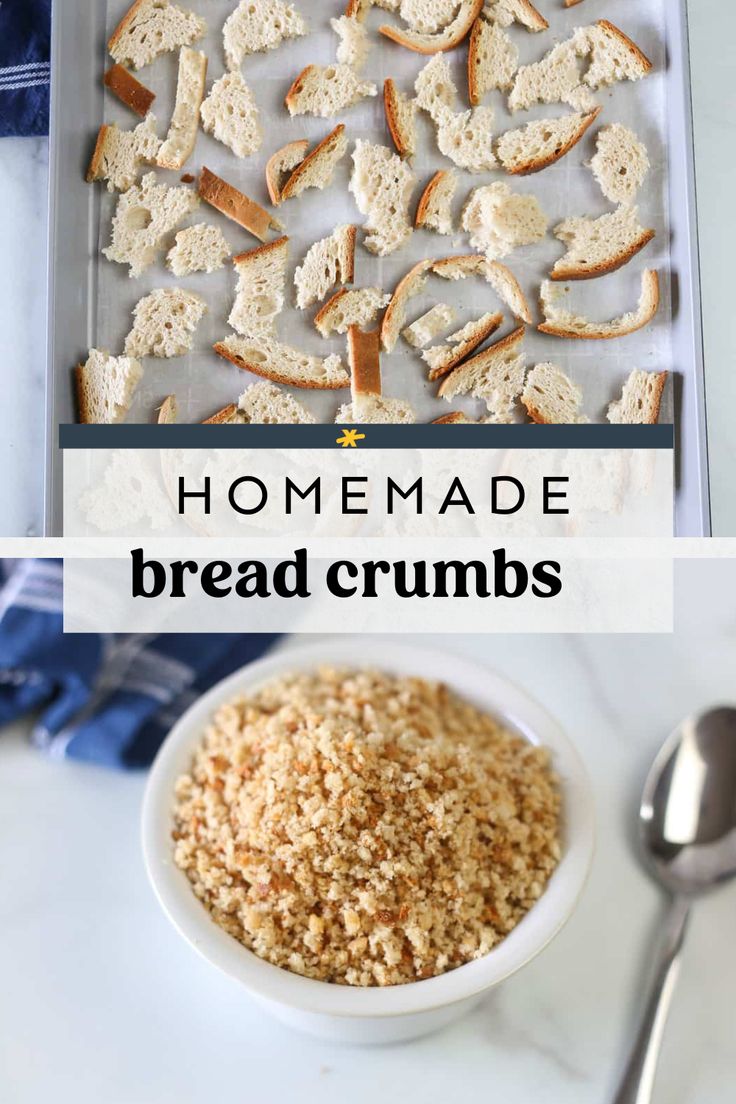 homemade bread crumbs in a white bowl next to a spoon