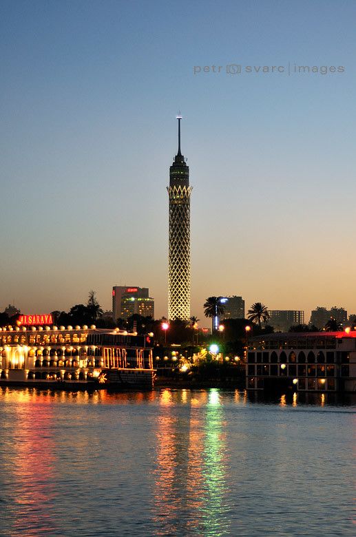 the city skyline is lit up at night, with its lights reflecting off the water