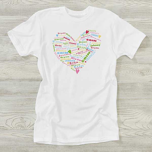 Personalized with up to 8 names  Her heart will be full of love with our Her Heart of Love Personalized Ladies Shirts designed exclusively for that special lady. The perfect gift for Mom and Grandma. Personalized White Tops For Valentine's Day, Personalized Short Sleeve Tops For Valentine's Day, Valentine's Day Short Sleeve Tops With Name Print, Ladies Shirt Design, Mother's Day Heart-shaped T-shirt With Letter Print, Personalized White T-shirt For Valentine's Day, White T-shirt With Heart Print For Mother's Day, White T-shirt With Name Print For Valentine's Day, White Valentine's Day T-shirt With Name Print