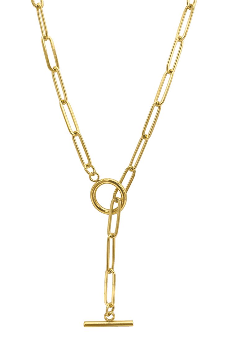 Show off contemporary style with this elegant water-resistant 14-karat gold plated paper-clip chain lariat necklace. 19" length Toggle closure This piece of jewelry is water-resistant and will not tarnish with water contact 14k-gold plate/stainless steel Imported Yellow Gold Lariat Necklace With Paperclip Chain, Yellow Gold Lariat Jewelry With Paperclip Chain, Gold Chic Toggle Necklace With Paperclip Chain, Gold Toggle Necklace With Paperclip Chain, Gold-tone Lariat Necklace With Lobster Clasp, Chic Gold Toggle Necklace With Paperclip Chain, Yellow Gold Link Lariat Necklace, Chic Yellow Gold Toggle Necklace Gift, Gold-tone Lariat Chain Necklace