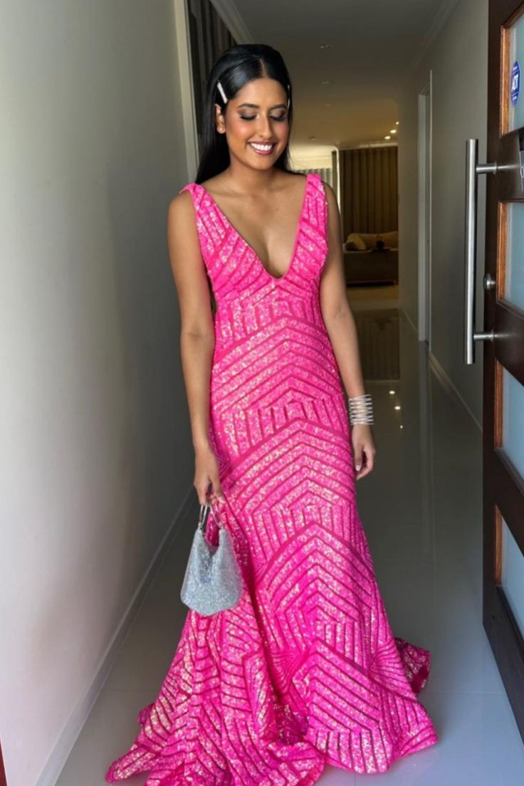 Hot Pink V-Neck Long Party Dress V-neck Sequin Dress For Prom, Glamorous V-neck Sequin Gown, Glamorous Homecoming Evening Dress With V-neck, Glamorous V-neck Gown For Prom Season, V-neck Sequin Dress For Gala And Party Season, Glamorous V-neck Evening Dress For Prom, V-neck Contrast Sequin Dress For Prom, Sequined V-neck Gown For Prom, V-neck Evening Dress For Gala During Prom Season