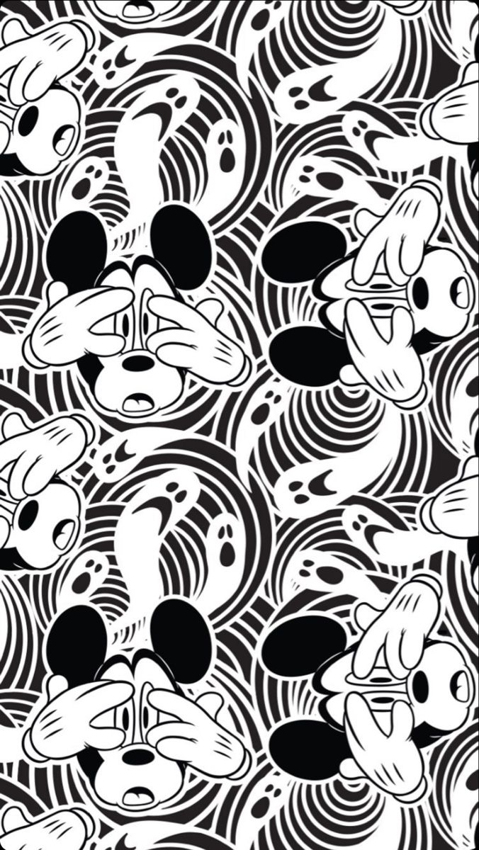 an abstract black and white pattern with mickey mouses on the front, in different sizes