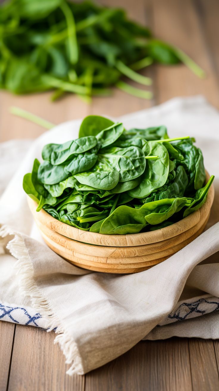 a wooden bowl filled with spinach on top of a table