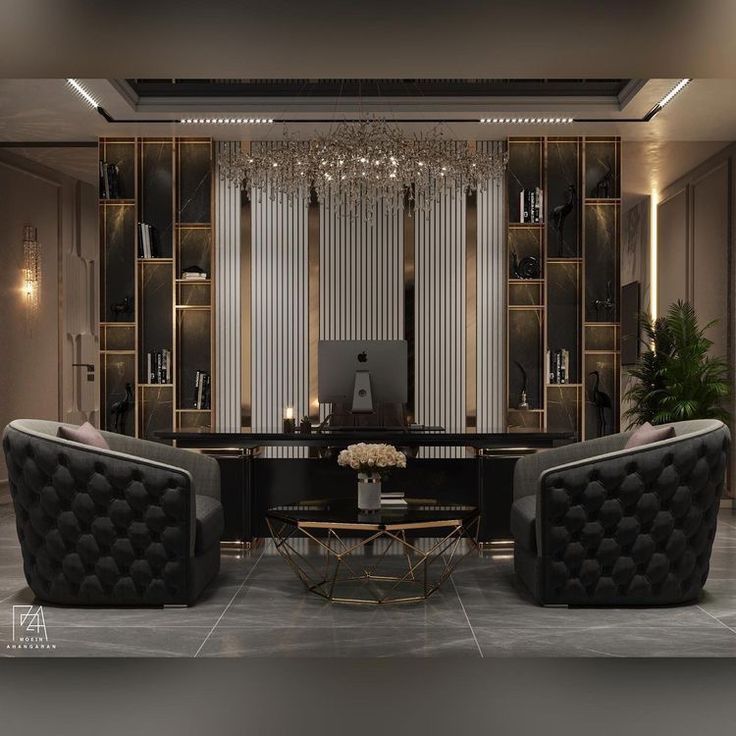 a living room filled with black furniture and a chandelier hanging from the ceiling