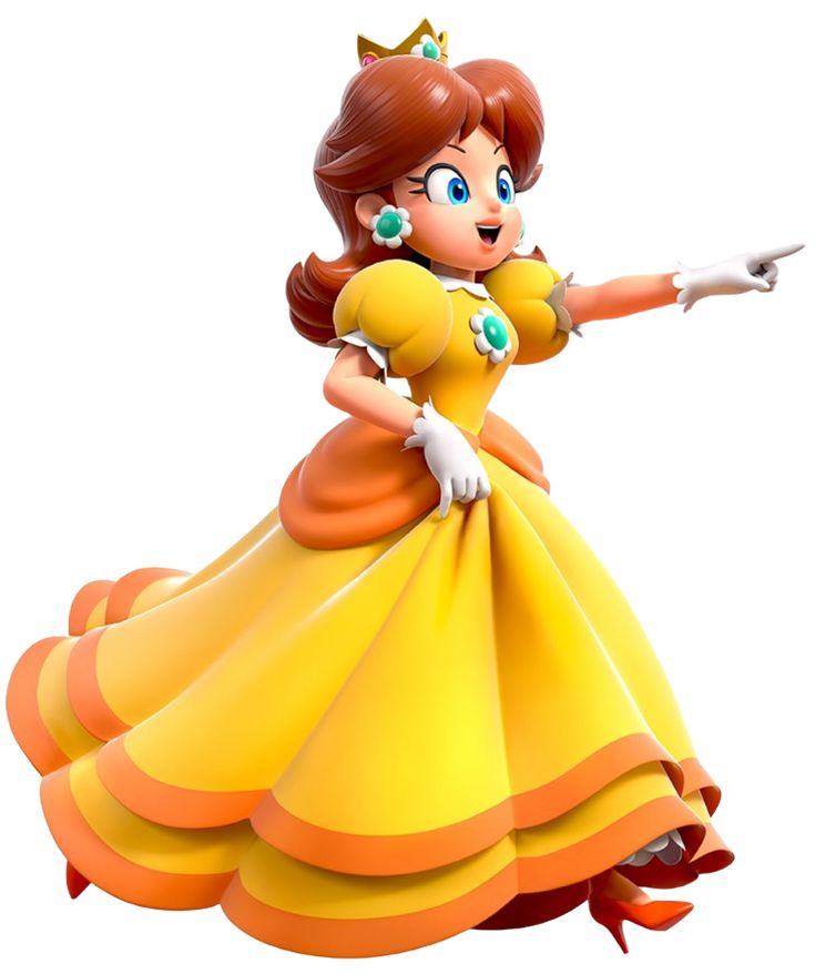 the princess in her yellow dress is pointing at something