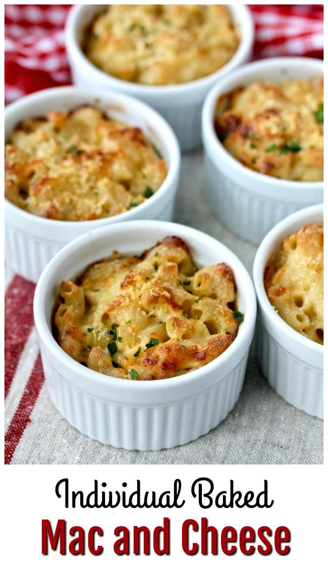 individual baked macaroni and cheese casserole in white dishes on a red checkered tablecloth