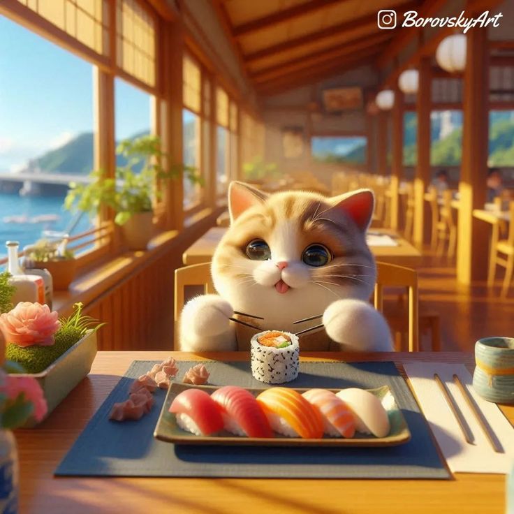 a cat sitting at a table with sushi on it