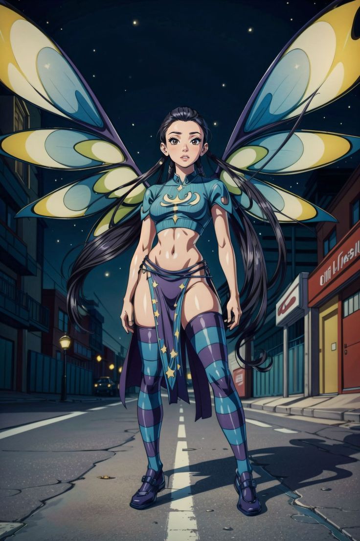 an anime character is standing on the street with her wings spread out and she has long hair