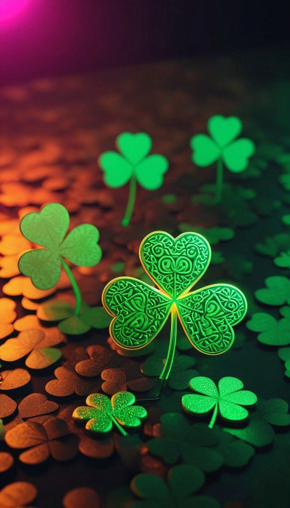 four leaf clovers are sitting on the floor with green lights in the back ground