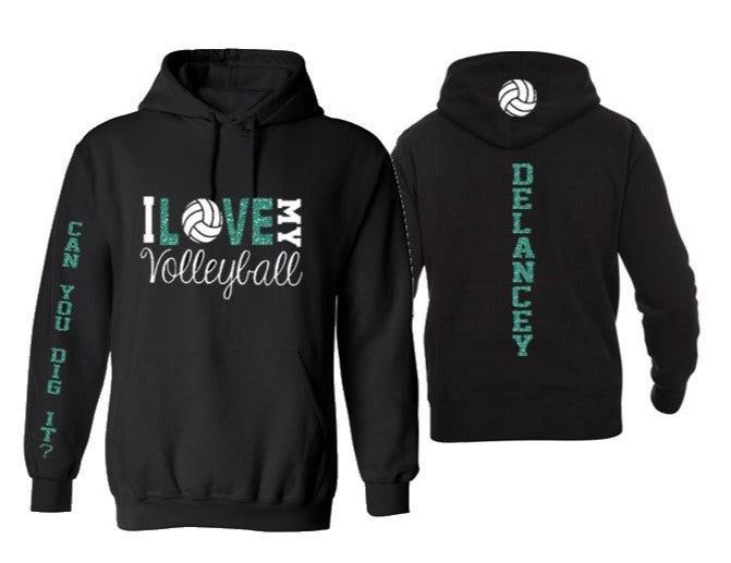 a black hoodie with the words love volleyball printed on it and an image of a volleyball