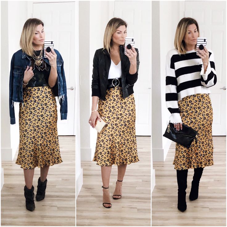 Fashion blogger styles a silk leopard print midi skirt for fall. One piece, three outfits.  #styleinspiration  #styleguide #shopmycloset #ootd #outfitideas #outfitoftheday  #outfitinspiration #fashionblogger #styleblogger #urbanoutfitters #liketoknowit #waystowear Leopard Print Skirt Outfit, Leopard Skirt Outfit, Printed Skirt Outfit, Rok Outfit, Leopard Print Outfits, Leopard Print Skirt, Leopard Skirt, Animal Print Skirt, Elegante Casual