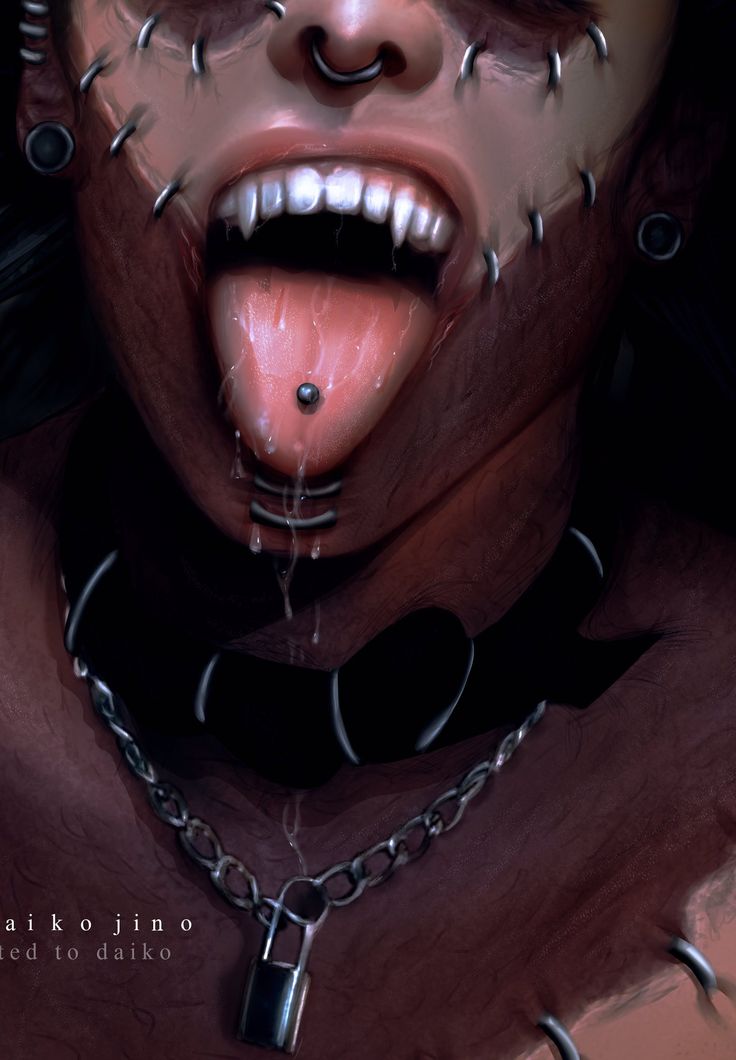 an image of a woman with her mouth open and chains around her neck, chained to the ground