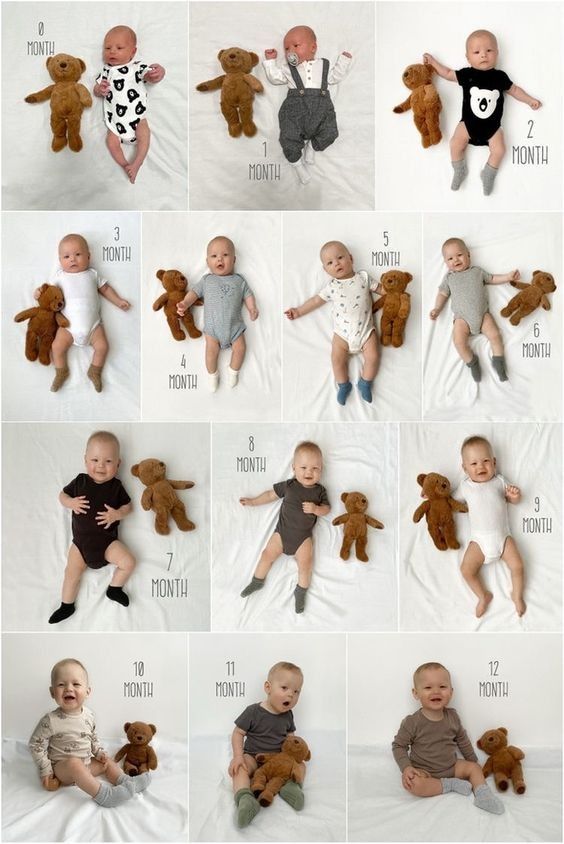 a series of photos showing babys and their teddy bears